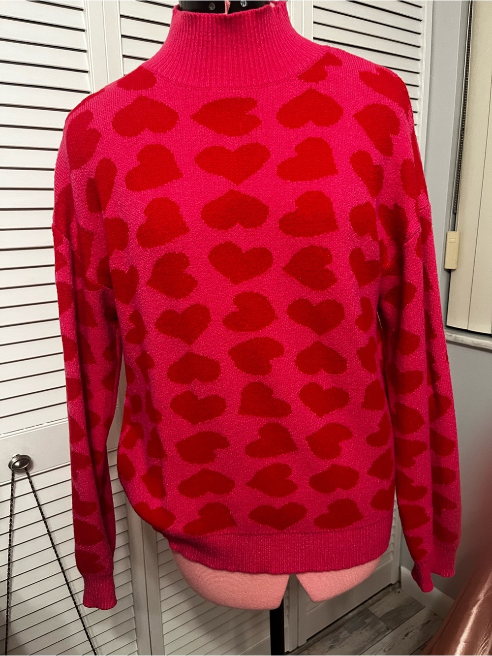 Women's Pink Heart-Print Mock Neck Sweater